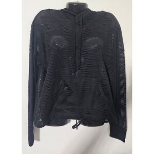 Victoria Sport Mesh Crop Top Long Sleeve Hoodie Fishnet Pullover Tie Waist - Med